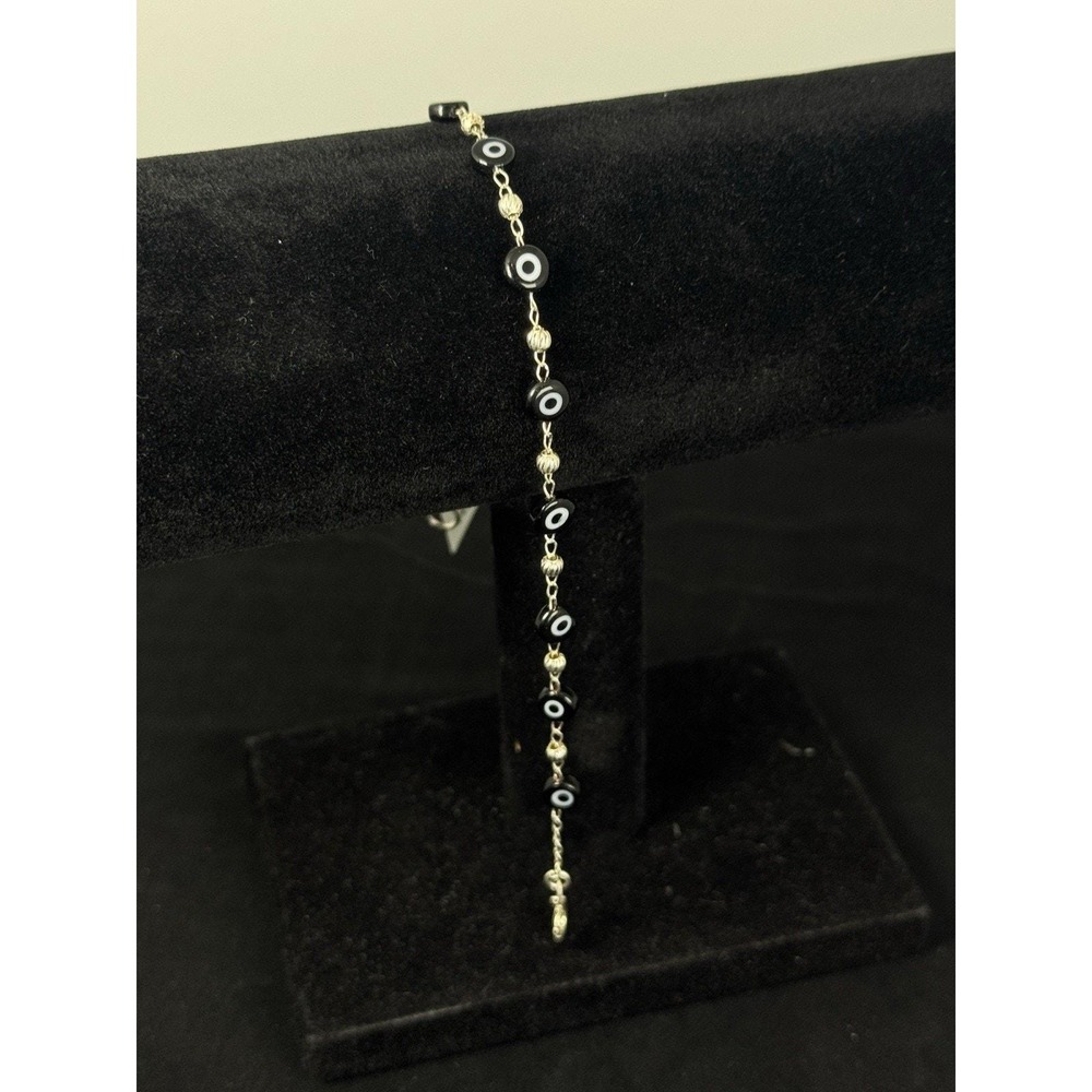 Tobillera De Plata 925 Con 12 Ojos Turcos Color negros‎ Silver 925 - 9 Inch - Picture 3 of 3
